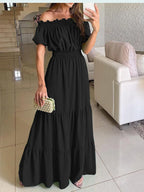 2025 Summer Solid Boho Dress Women Fashion Elegant Beach Party Dress Casual Slash Neck Office Maxi Dresses For Woman Robe Femme