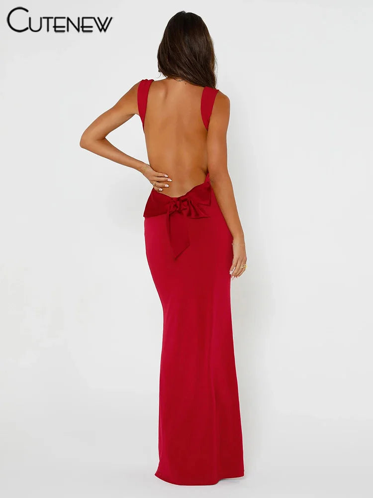 Cutenew Women's Elegant Solid Maxi Dress Sexy Halter Spaghetti Lady Long Dresses Bowknot Lace-up Girl Backless Female Party Robe
