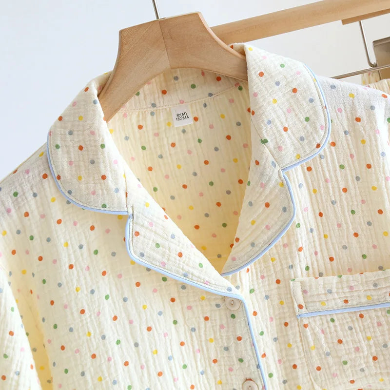 2025 New Summer Women's Pajama Set 100% Cotton Crepe Short Sleeve+Shorts+Pants 3-Piece Pajama Women's Cardigan Home Clothes