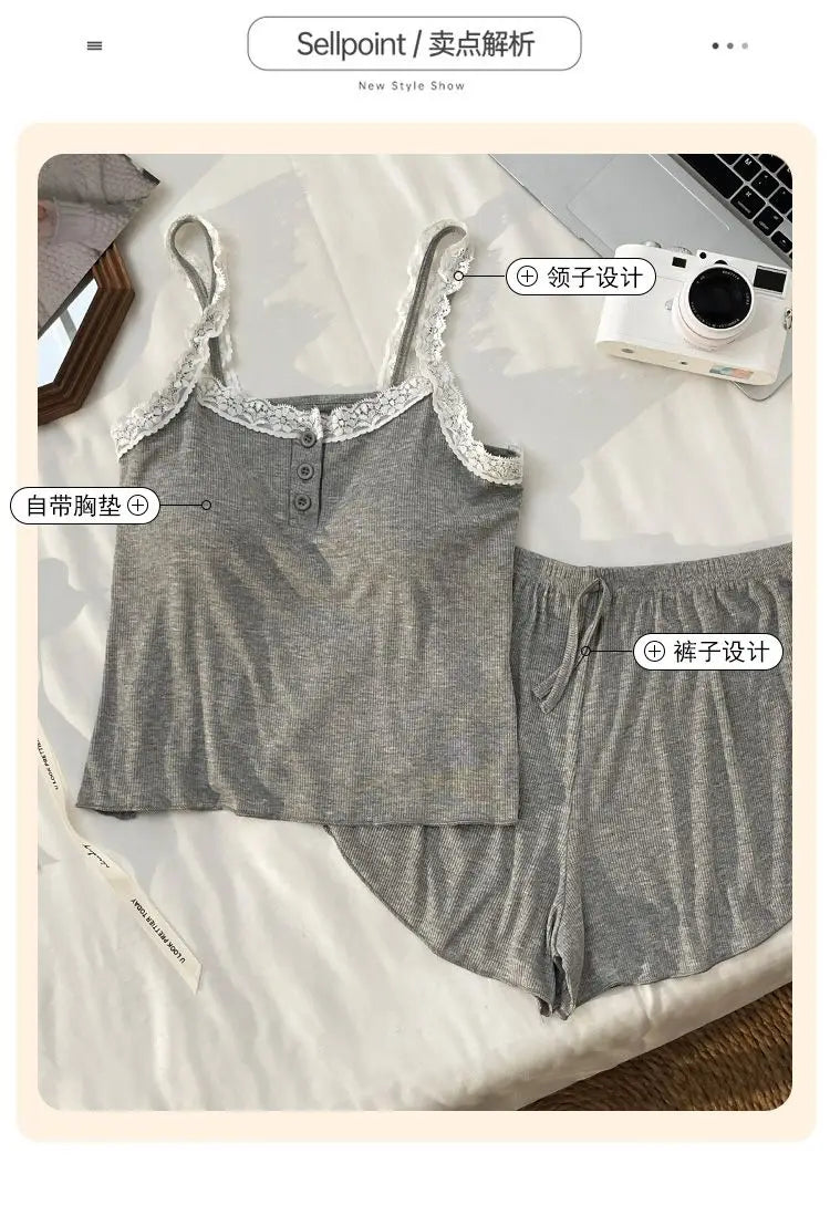 Casual Women Pajamas Summer Sleepwear Spaghetti Strap Shorts Sets 2 Pieces Night Wears O-neck Korean Sleeping Solid Home Suit