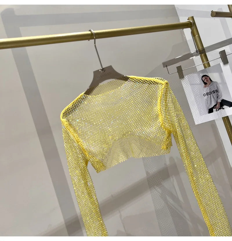 2023 new sexy bright diamond short top Slim thin Ms. hot drill long-sleeved T-shirt sexy leak waist nightclub