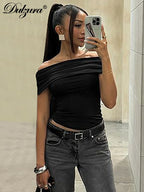 Dulzura Sleeveless Off Shoulder Ruched Bodycon Crop Top Solid Sexy Elegant T-Shirt Party Club Streetwear Spring Summer Top
