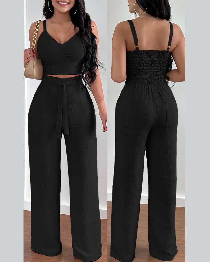 2025 Conjuntos Para Mujeres 2 Piezas Women V-neck Two-piece Set Backless Sleeveless Long Pants Casual 2 Piece Sets Women Outfit