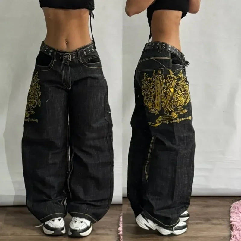 2000s Baggy Jeans Women New Harajuku Hip Hop Wing Print Oversized Jeans Gothic High Waist Wide Leg Pants Men Trousers Streetwear