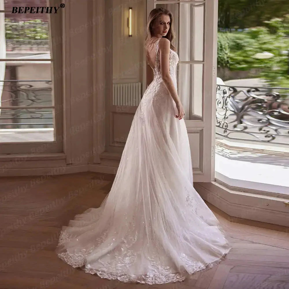 BEPEITHY Customized Strapless A Line Off Shoulder Long Sleeves Bride Ivory Wedding Dresses Glitter Court Train Bridal Gown 2025