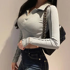 Elegant Coquette Women's Polo Neck T-Shirt - Long Sleeve, Chic Style, Effortless Elegance