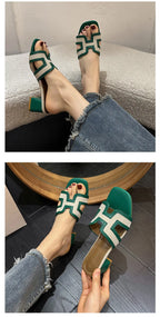 2025 Summer new arrival,fashion style grids high heel slippers for woman,thick heel outwear beach sandals for women