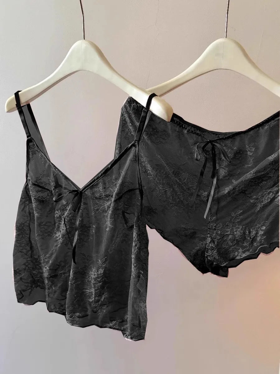 ElyraLux Women Harness Pajama Suspender Shorts for Women Pajamas Set Lace Silk Lingerie Pyjamas Shorts Set Pink lace pajamas