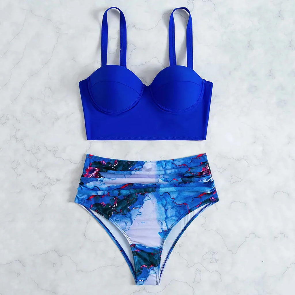 2024 Summer New Bikini Push Up Swimsuit Women Halter High Waist Swimwear Female Printed Bathing Suit Bathers