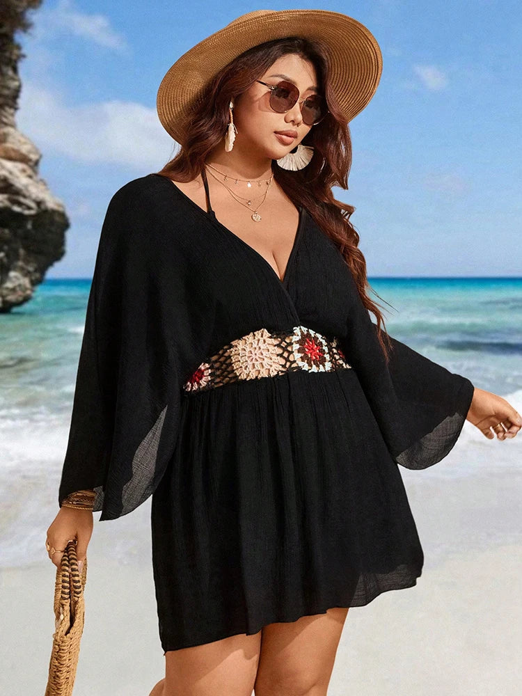 Bohemian Wind Plus Size Crochet Black CoverUp Mini Dress Sexy Hollow Tunic Beach Dress Bathing Suit Beachwear Cover Up Beachwear