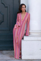 Crochet Colorful Stripe Flare Sleeve Maxi Dress Women V-neck High Split Sexy Lace Long Dresses 2024 New Beach Banquet Vestidos