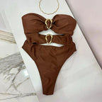 3 Colors Sexy Metal Rings Cut Out Women Swimwear One Piece Swimsuit Female Bandeau High Leg Cut Bather Bathing Suit Swim B022D