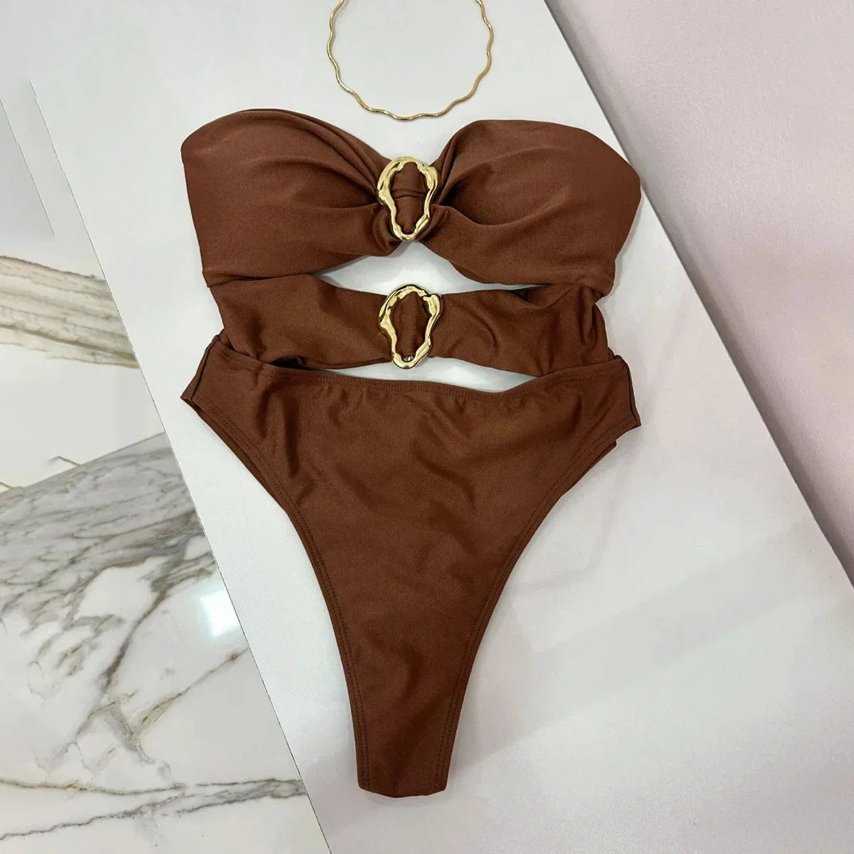 3 Colors Sexy Metal Rings Cut Out Women Swimwear One Piece Swimsuit Female Bandeau High Leg Cut Bather Bathing Suit Swim B022D