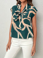 Brush Print Tie Neck Blouse, Elegant Short Sleeve Top For Spring & Summer, Women's Clothing