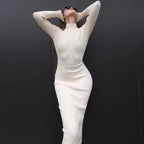 2024 New Autumn Knitted Turtleneck Dress Women Long Sleeve Bodycon Midi Dresses Female Elegant Fashion Solid Color Skinny Dress