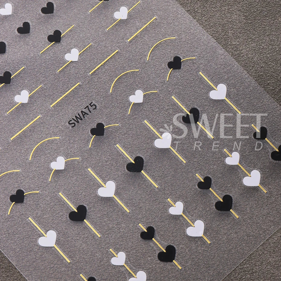 2pcs Black White Red Love Heart Nail Stickers Metallic Golden French Line 3D Adhesive Slider DIY Valentine Design Manicure Decor