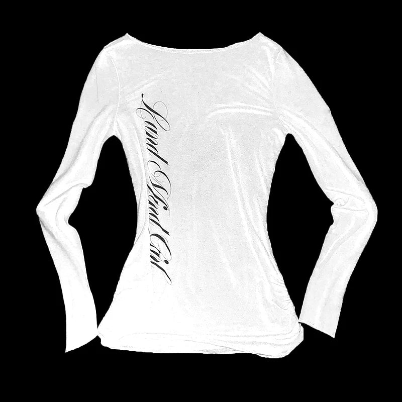 Gothic Harajuku Vintage Punk Emo Girls Long Sleeve Tee Sexy Slim Chic Printing Crop Tops Grunge Y2K Aesthetic Women's Streetwear