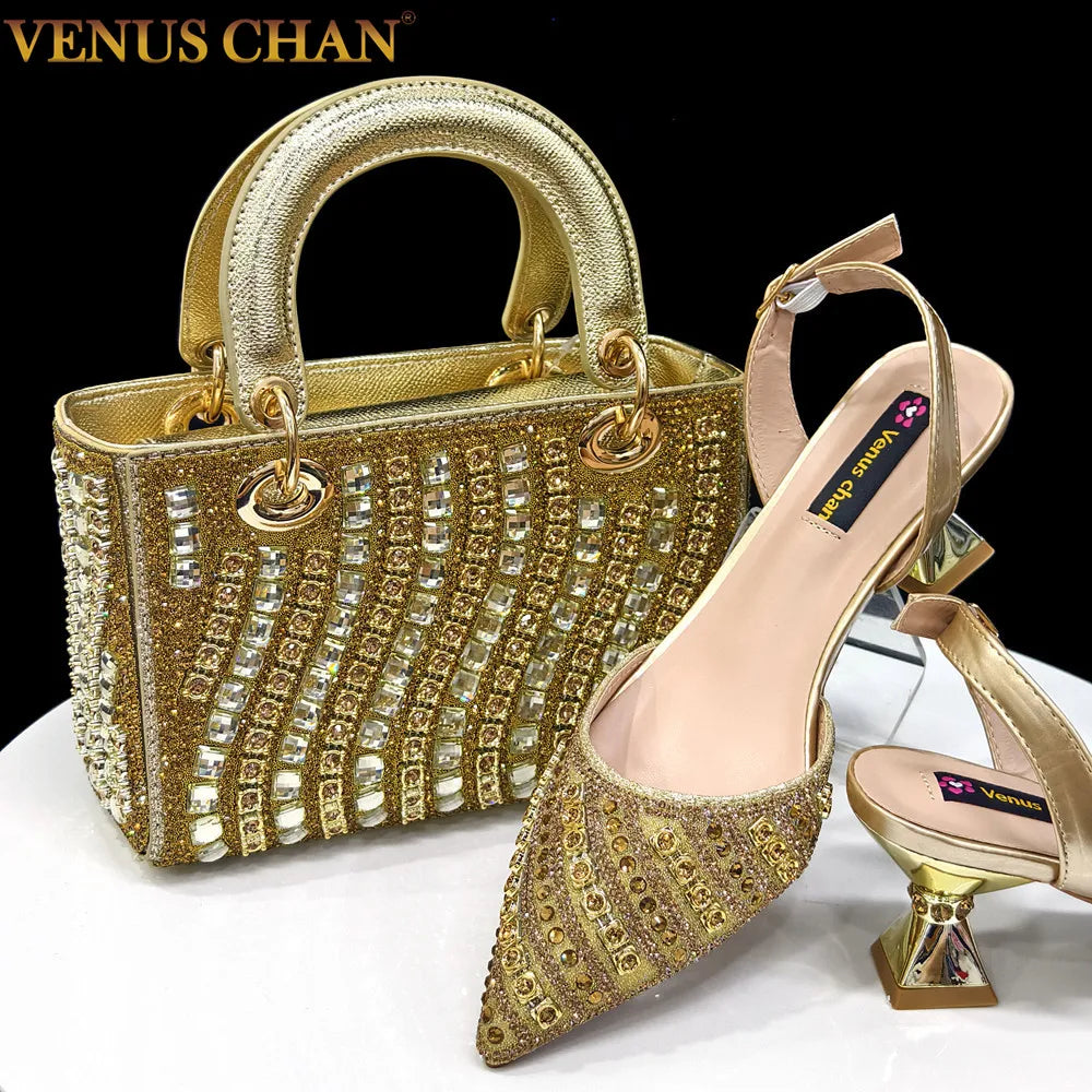 2025 Luxurious Italian Women's Party Shoes & Bag Set â€?Elegant Golden Rhinestone Spring/Summer Sandals with Pointed High Heels f
