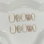 10Pcs Handmade French Nails Tips Elegant Cat Eye Gold Stripes Edge Design with Flowers Rhinestone Pink Glitter Wearable Manicure