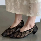 2025 New Lace Mesh Breathable Single Shoes Women's Summer French Square Toe Slip-On Chain Mary Jane Flats