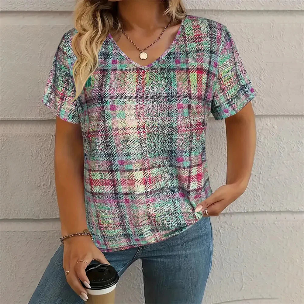 Checkered 3D Pattern Printed Women's V-Neck Short Sleeve Striped Minimally Printed Woman ClothingTop Women's Loose Women's Shirt