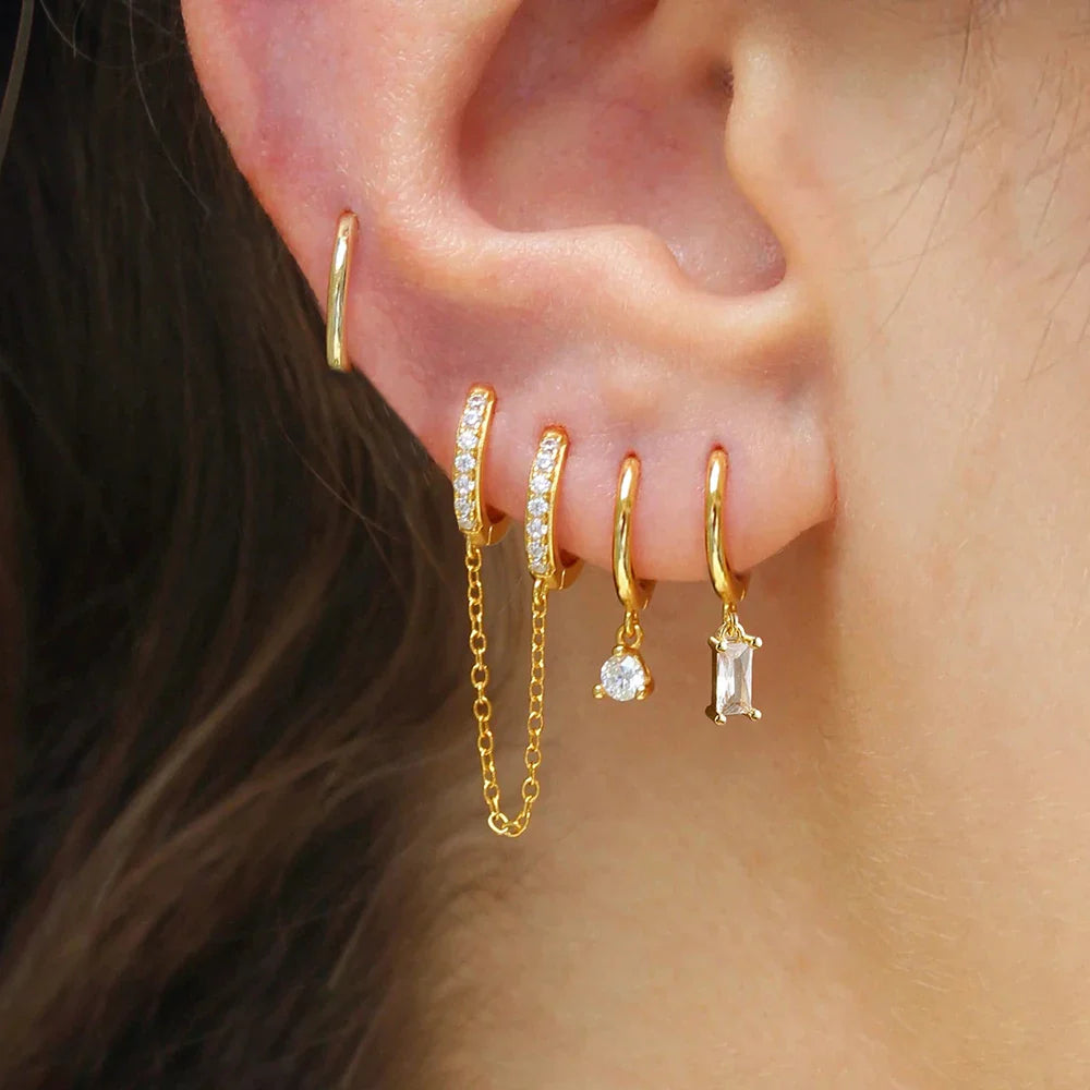 4PCS Exquisite Stainless Steel Long Chain Pendant Earrings Set for Woman Little Huggies Hoop Earrings Cartilage Piercing Jewelry