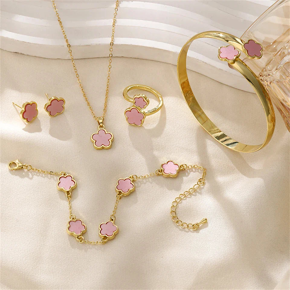 5pcs Lucky Five-petal Flower Women's Jewelry Set, Fashion Flower Bracelet + Necklace + Earrings + Bracelet + Ring Set, Birthday