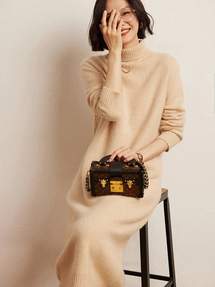 100% Cashmere Sweater Long Dress New Women High Turn-down Collar Pullover  Soft Cosy Autumn Winter Casual Solid Knitwear Dress