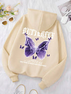 Beautiful Purple Butterfly Printing Hoodies Women Fleece Pocket Hoody Simple Casual Hoodie Autumn Loose Female Streetwear