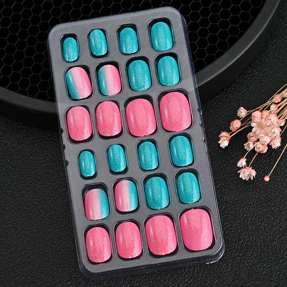 24Pcs Children Cartoon Nail Tips Colorful Cute Rabbit Pink Stars 6-14 Years old Girl Fake Nail With Jelly Glue Kids False Nail