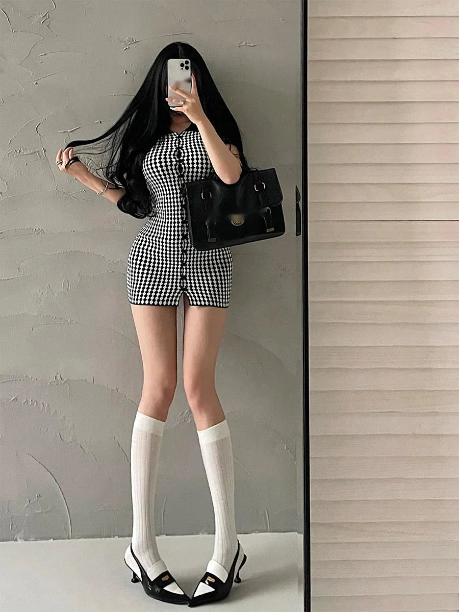 American Style Diamond Checkered Lapel Single Breasted Slim Short Sleeved Dress Elegant Tight Thin Dress T Shirt Mini Dress X0P7
