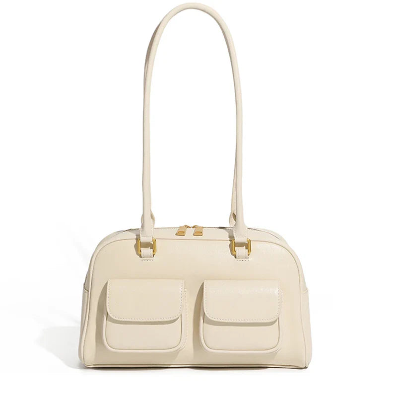 Burminsa Cowhide Genuine Leather Underarm Shoulder Bags For Women 2025 Luxury Designer Korean Bowling Tote Work Ladies Handbags