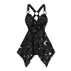 Dressfo 2025 Women's Gothic Tank Tops Galaxy Sun Star Moon O Ring Lace Up Handkerchief Hem Summer Tank Top Y2k Clothes