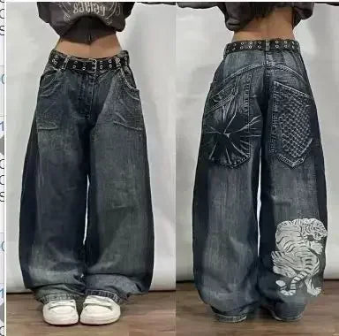 2000s Baggy Jeans Women New Harajuku Hip Hop Wing Print Oversized Jeans Gothic High Waist Wide Leg Pants Men Trousers Streetwear