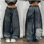 2000s Baggy Jeans Women New Harajuku Hip Hop Wing Print Oversized Jeans Gothic High Waist Wide Leg Pants Men Trousers Streetwear
