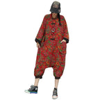 Artistic Large Floral Cotton Linen Chinese Style Button Embroidery Loose Casual Jumpsuit Women LX4344