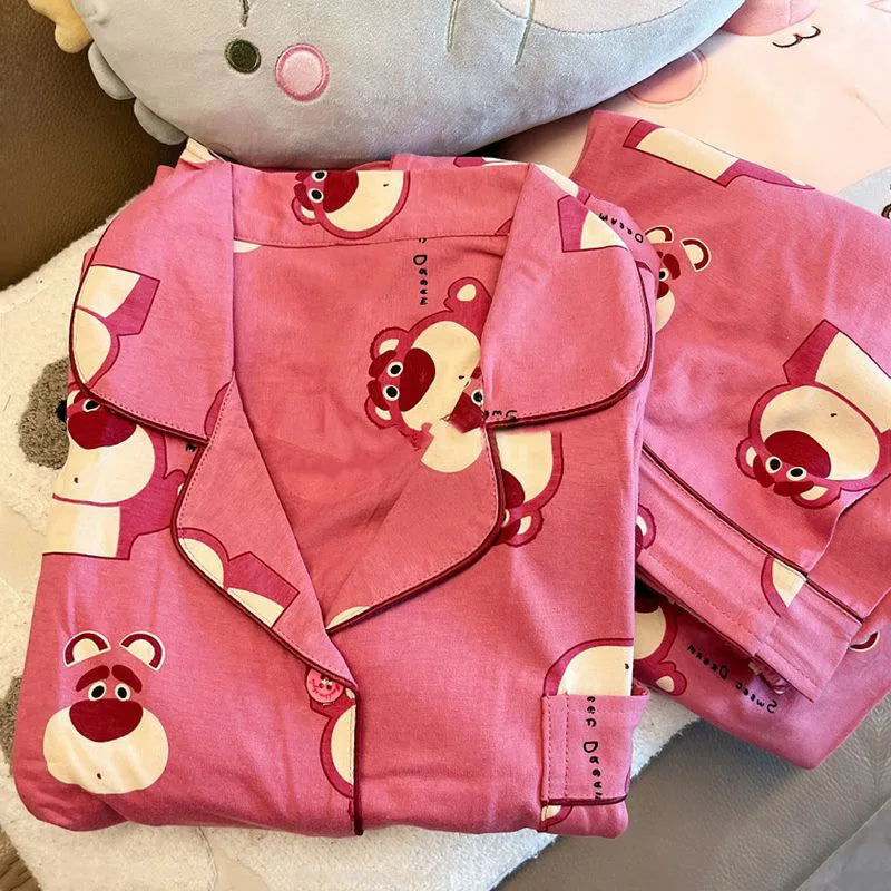 Disney Cartoon Strawberry Bear Home Outfit Women's Long Sleeved Pants Pijama Sleepwear for Sleeping Pajama Sets