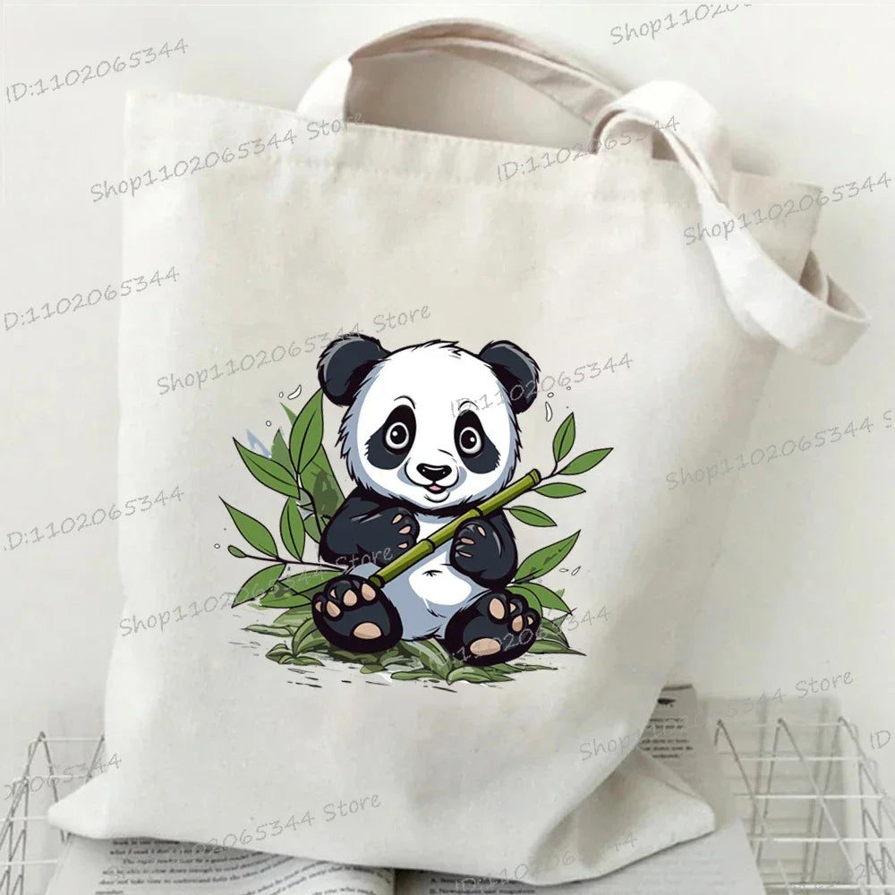 Canvas Bag for Women Cartoon Panda Printed Shopper Handbags Storage Reusable Canvas Shoulder Bag China Panda Female Tote Bag