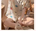 Cute Girl's Summer Cotton Linen ort Sve Nightgown Home Clothes Set Bear Print Gauze Spwear Simple Home Sle