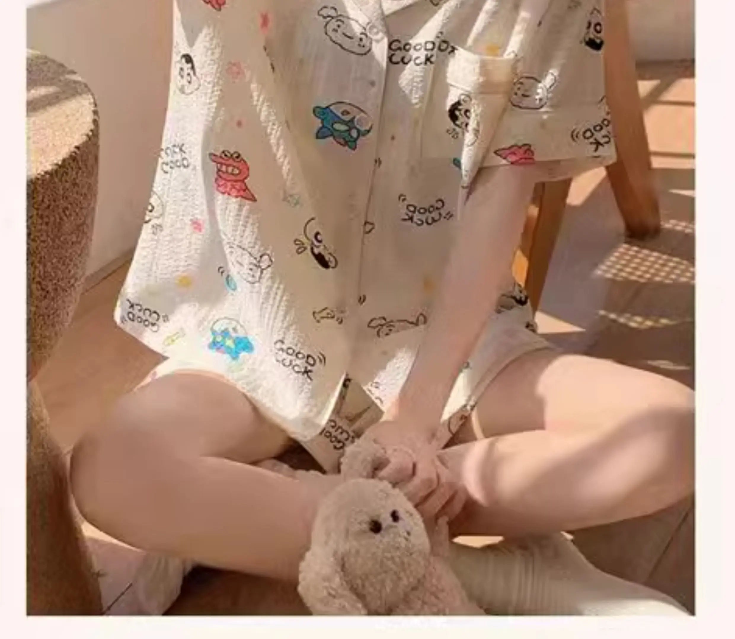 Cute Girl's Summer Cotton Linen ort Sve Nightgown Home Clothes Set Bear Print Gauze Spwear Simple Home Sle