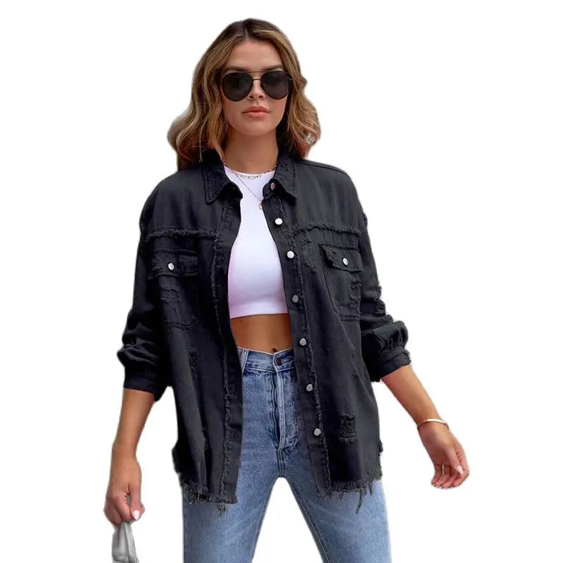 2025 Spring Autumn Shirt Style Denim Jacket Women Holes Raw-edges Jeancoat Casual Tops Female Oversize Loose Outerwear 7 Colors