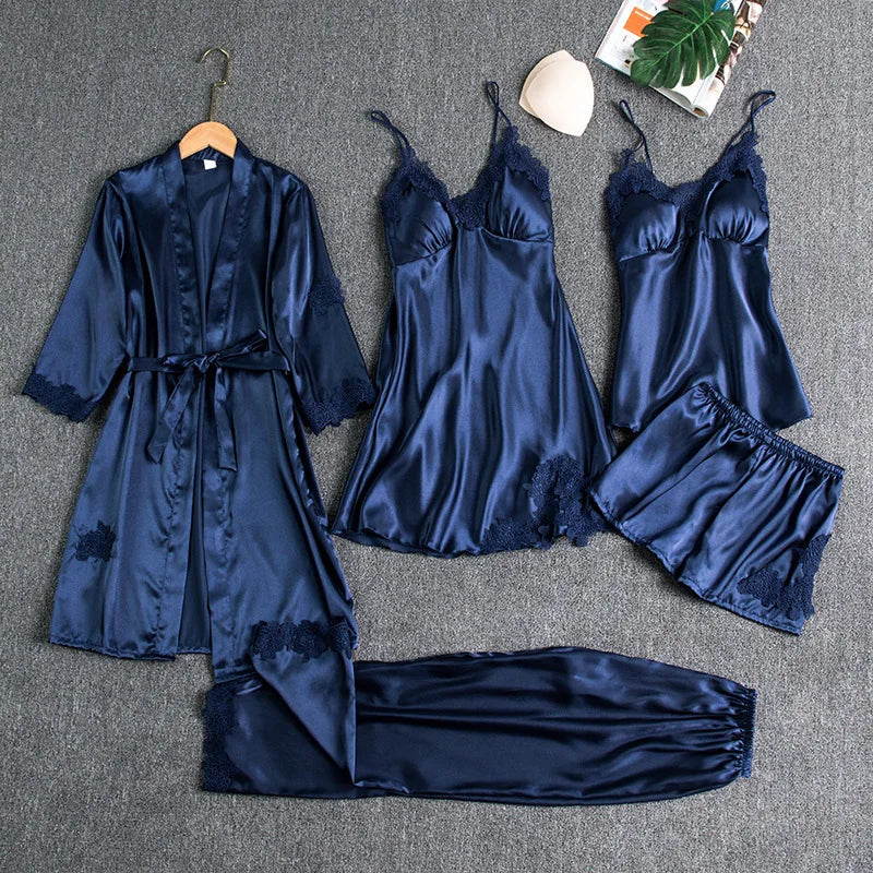 5PCS Women's Ice Silk Sexy Pajama Set Breathable Lace Satin Pajama Bathrobe Five Piece Set Casual Home Clothes Spring and Summer
