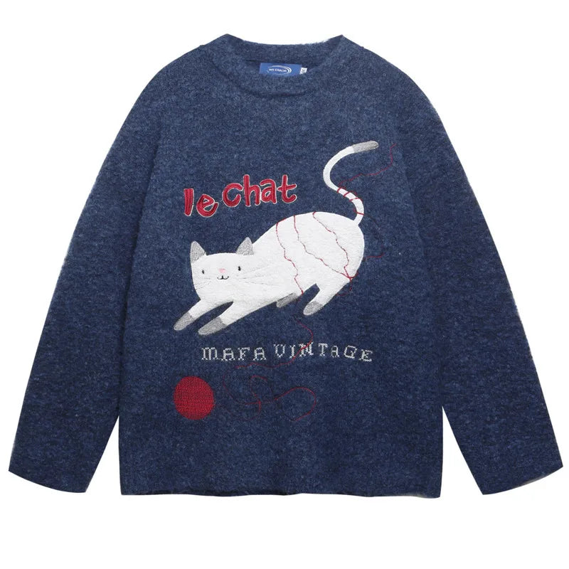 2025 Autumn and winter men's and women's American retro fun cute cat jacquard knitted sweater loose and lazy couple's top