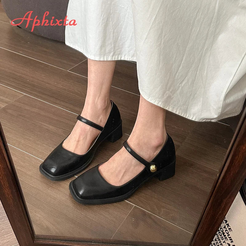 Aphixta Low Heels Mary Janes Square Heels Patent Leather Pumps Shoes Woman Classics Dress Official Pumps Party Plus Size 43