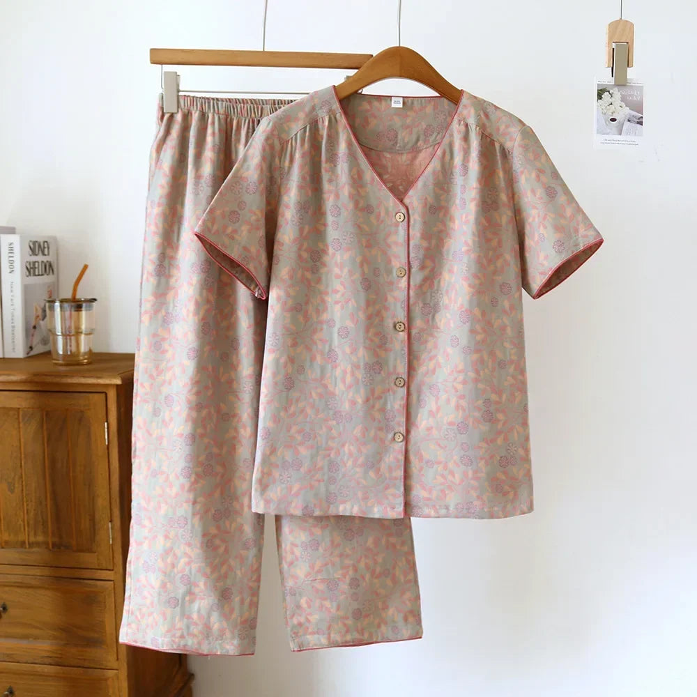 2025 Spring/Summer New Women's Pajama Set 100% Cotton Short Sleeve+Capris Two Piece Set for Large Flower Thin Home Furnishing