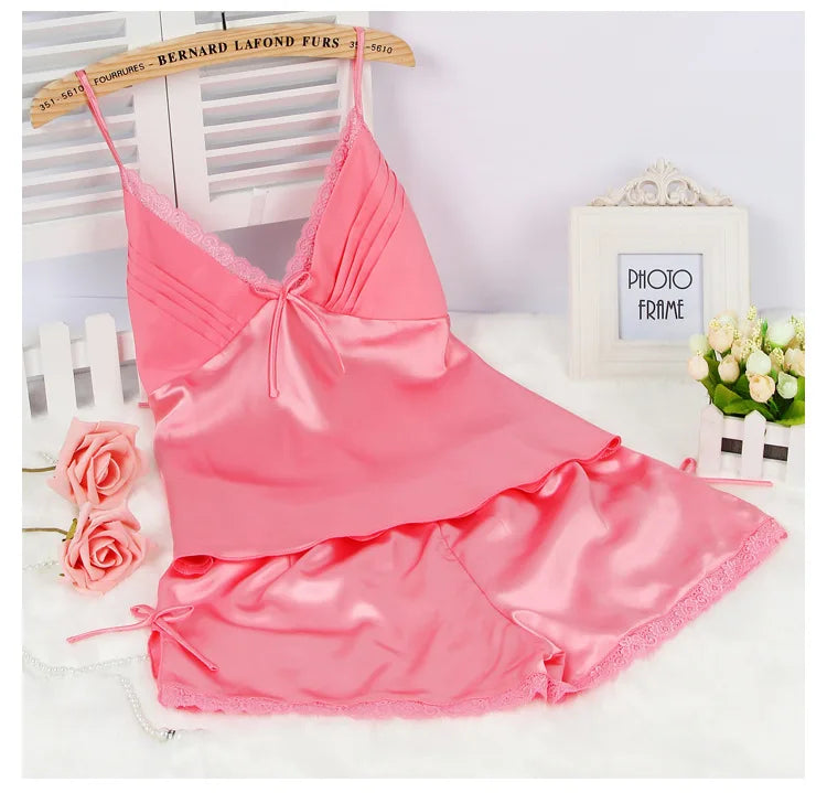 Black Pajamas Suit Lace Up Cami&shorts Set 2Pcs Satin Home Clothes Lady Sexy Lingerie Sleepwear Loungewear Plus Size 3Xl