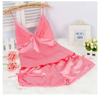 Black Pajamas Suit Lace Up Cami&shorts Set 2Pcs Satin Home Clothes Lady Sexy Lingerie Sleepwear Loungewear Plus Size 3Xl