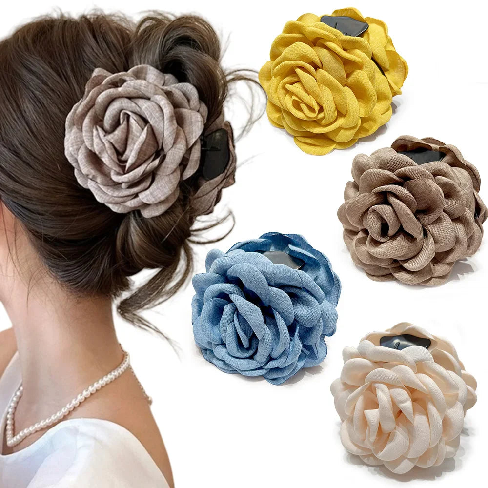 16 Colors Sweat Medium Size Cotton Fabric Rose Flower Hair Claw Clips for Women Korean Ctach Shark Clamp Hair Accessories 2024
