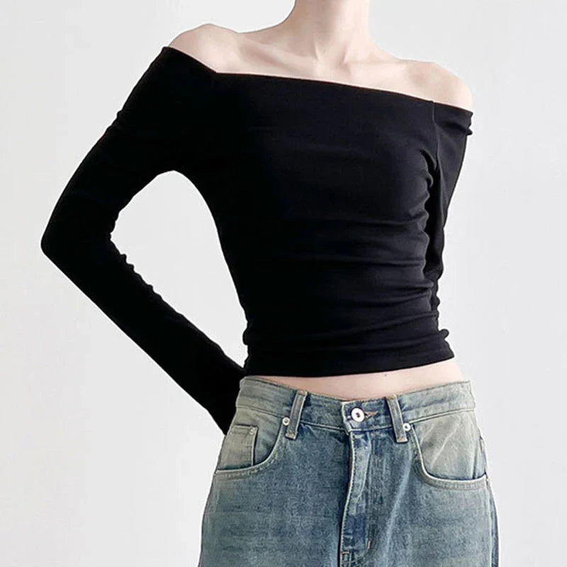 Black Solid Slash Neck Elegant Long Sleeve Tops Korean Fashion Slim Sexy Cropped T Shirt Women Fall Clothing