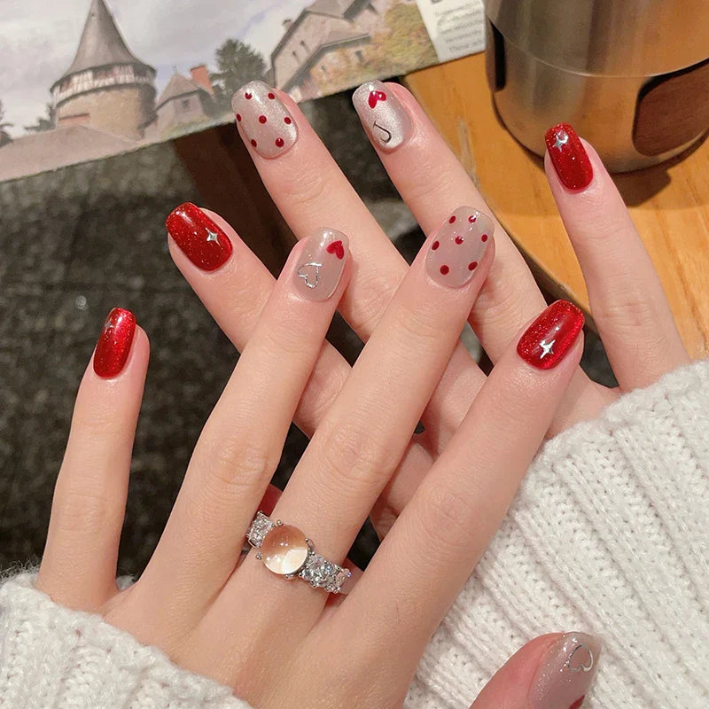 10Pcs Valentine's Day Handmade Nails Red Heart Polka Dot False Nail for Women&Girl Short Cat's Eye Detachable Wearable Nails